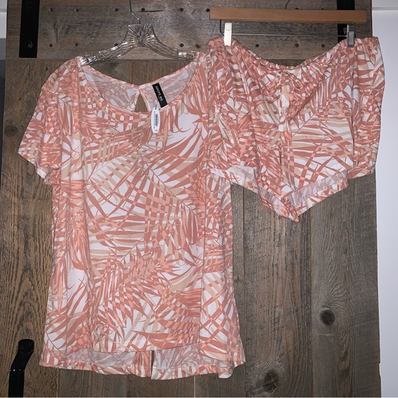 Women’s 0X ADORE ME 2-PC Top & Shorts Set SHADED PALMS Clay Tan Sleep Lounge NWT - Picture 1 of 16